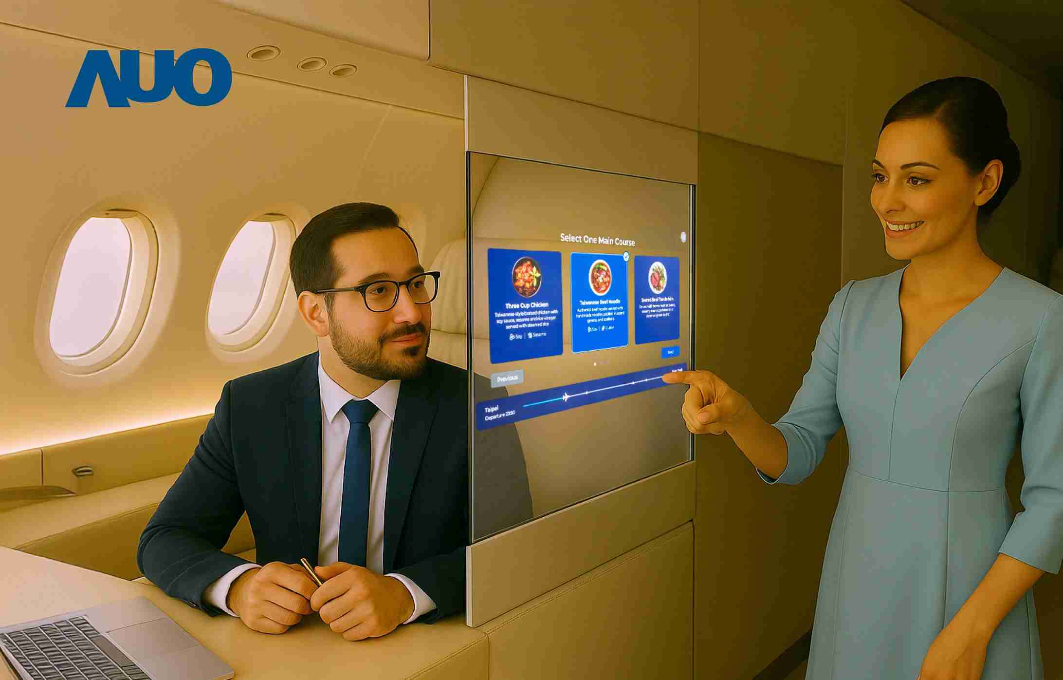 糖果派对研发全球最薄17.3 吋双面透明 Micro LED 显示器，，，可在同一屏幕之双边投射不同信息，，，，创造独特的”透明化”互动；图为实时翻译交流应用情境